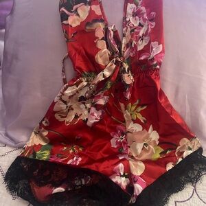 Floral Satin Romper with Lace Trim